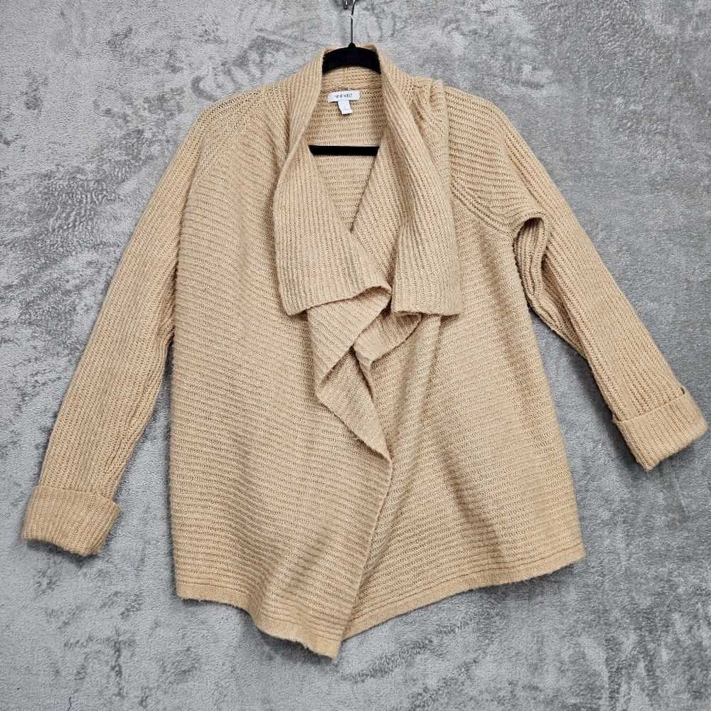 Nine West Women's Large Tan Ribbed Wrap Cardigan Sweater Shawl Collar Open Front